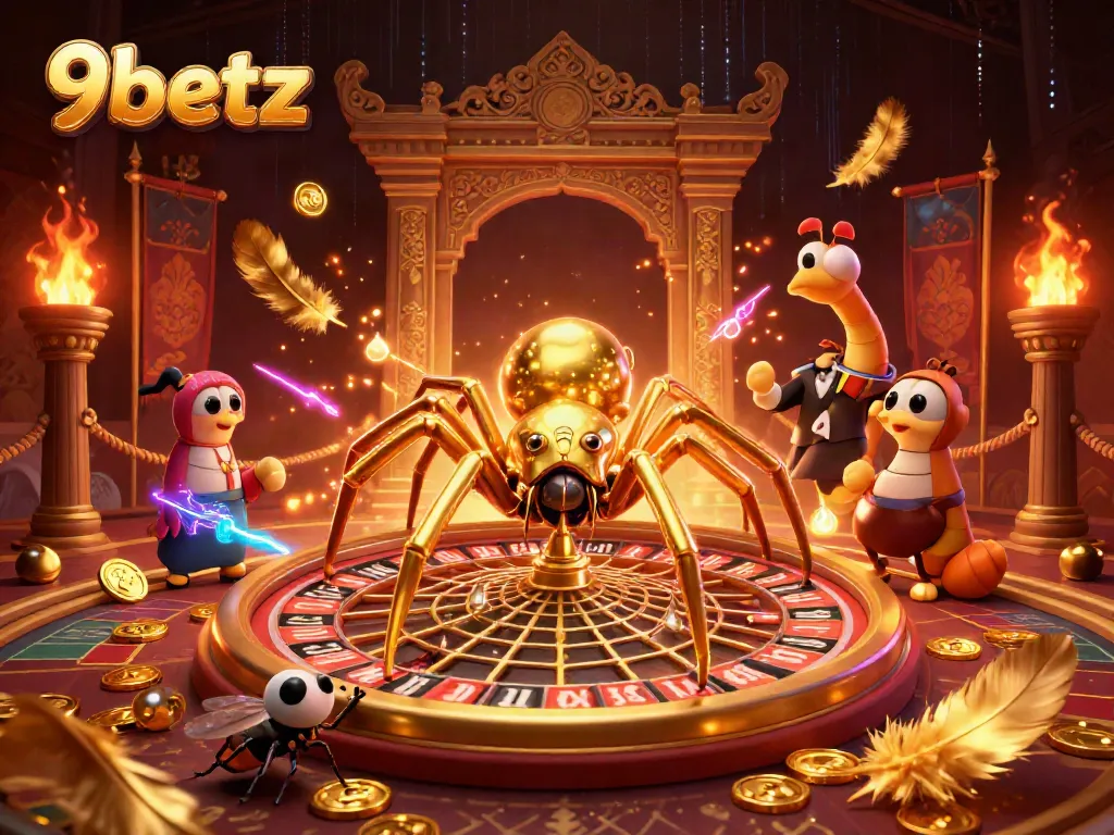 Experience the thrill of betting with 9betz in an engaging gambling scene with a golden spider and roulette.