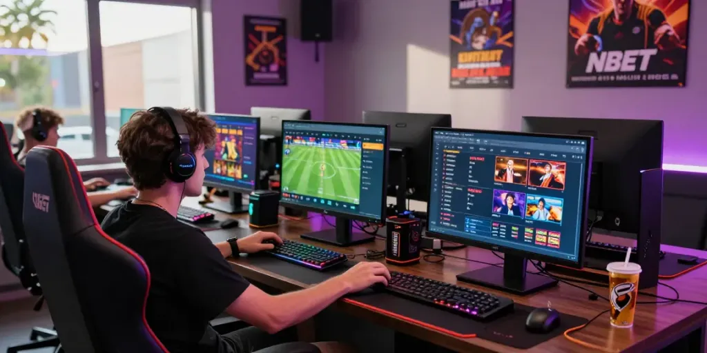 Engaging online gaming scene at https://nbet.group/ with a player immersed in multiple games, showing vibrant LED lights and modern setup.