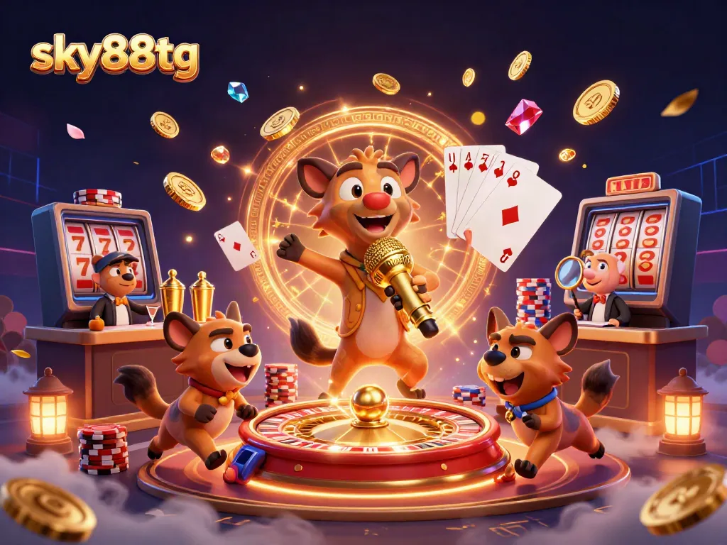 Experience the vibrant atmosphere of sky88tg with a lively casino scene featuring hyenas amidst golden coins and sparkling gems.