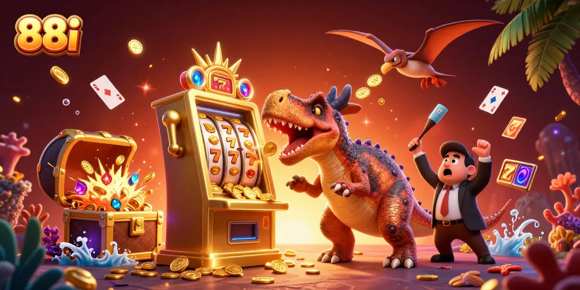 Experience thrilling jackpots at 88i with a cartoon pachycephalosaurus celebrating slot wins among dynamic casino elements.