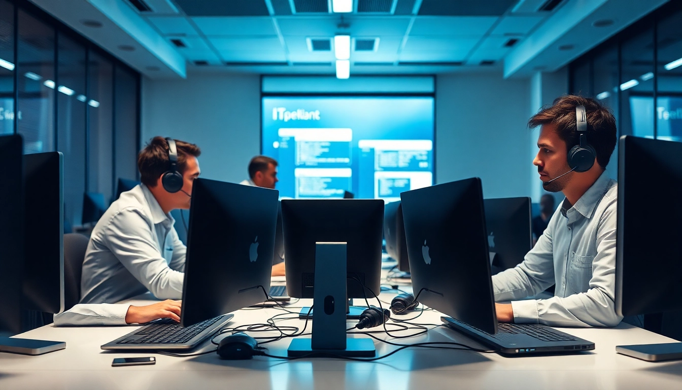 IT Support Experten analysieren technische Probleme in einem modernen Buero.