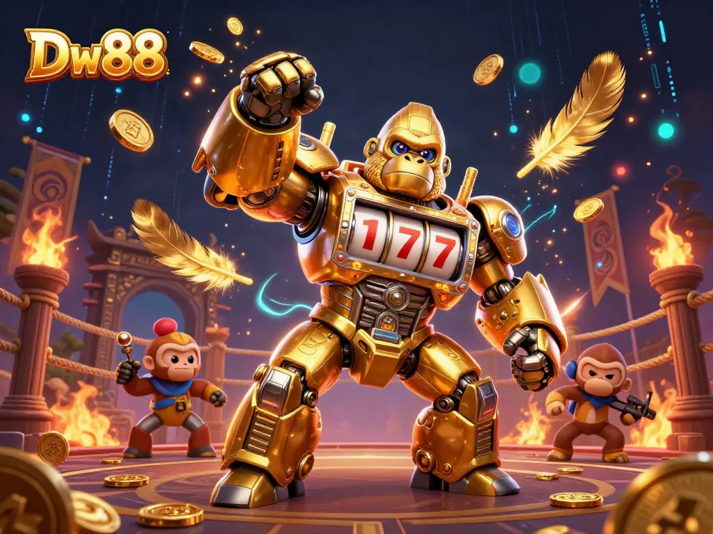 Experience the excitement of Dw88 with a dynamic golden gorilla mech powered by slot machine parts.