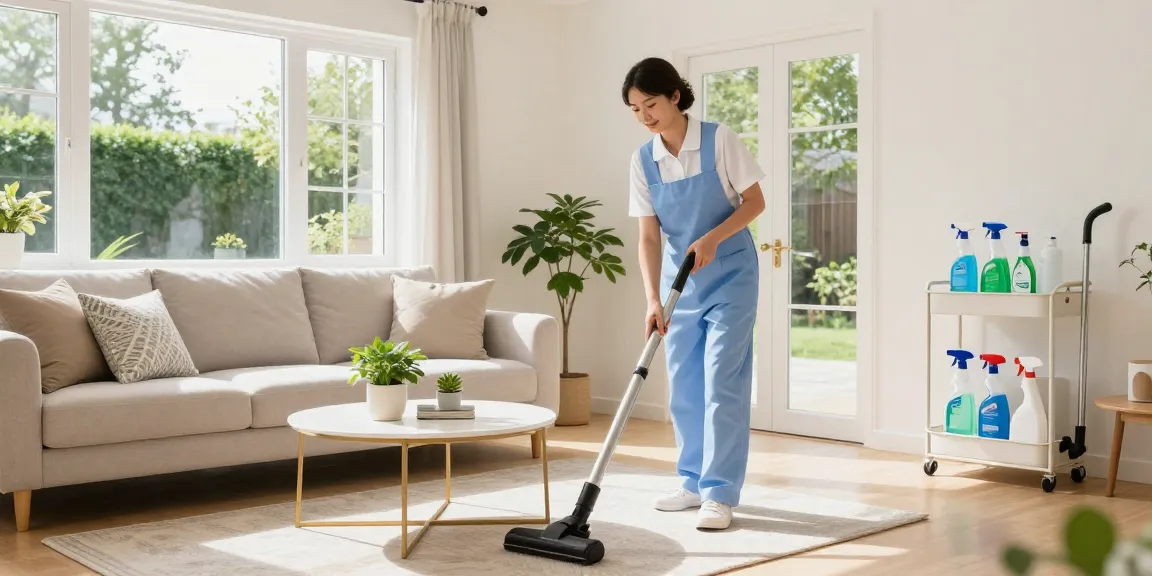 Professional cleaner in a bright living room represents reinigungsunternehmen bern with eco-friendly supplies for a fresh home.