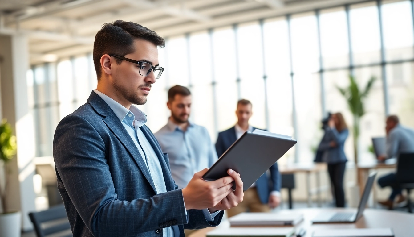 Headhunter Ingenieure prüft Lebensläufe in einem modernen Büro mit natürlichem Licht.