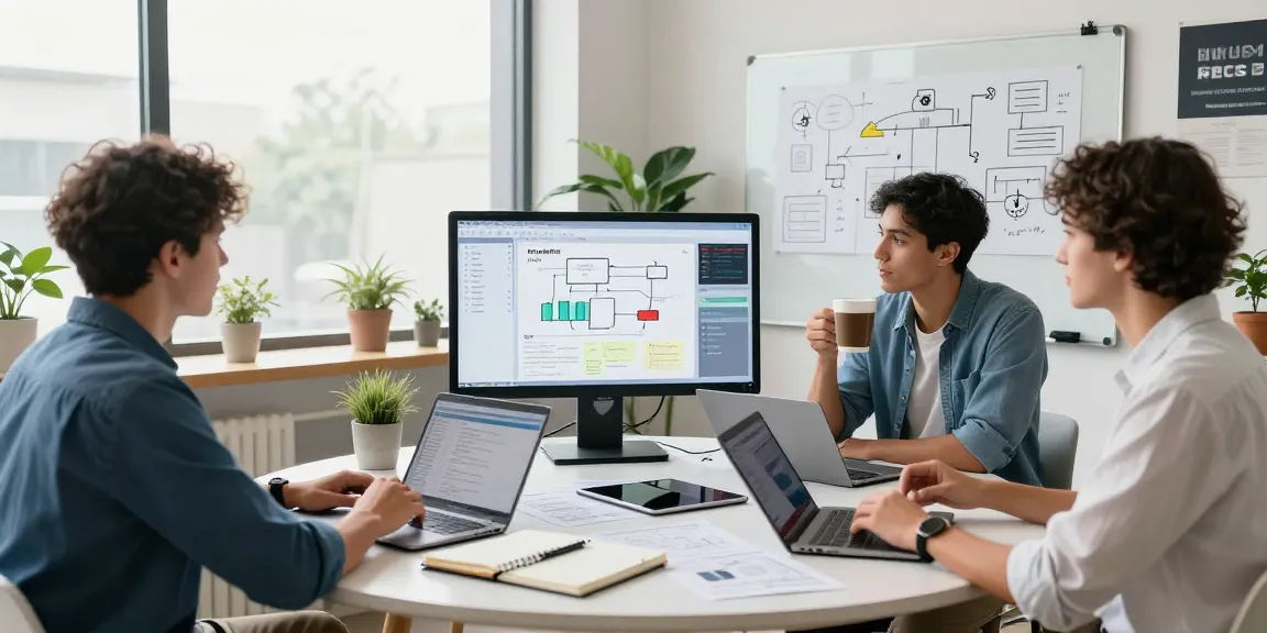 Build internal tools with AI: team collaborating at a modern workspace with laptops and digital tools.
