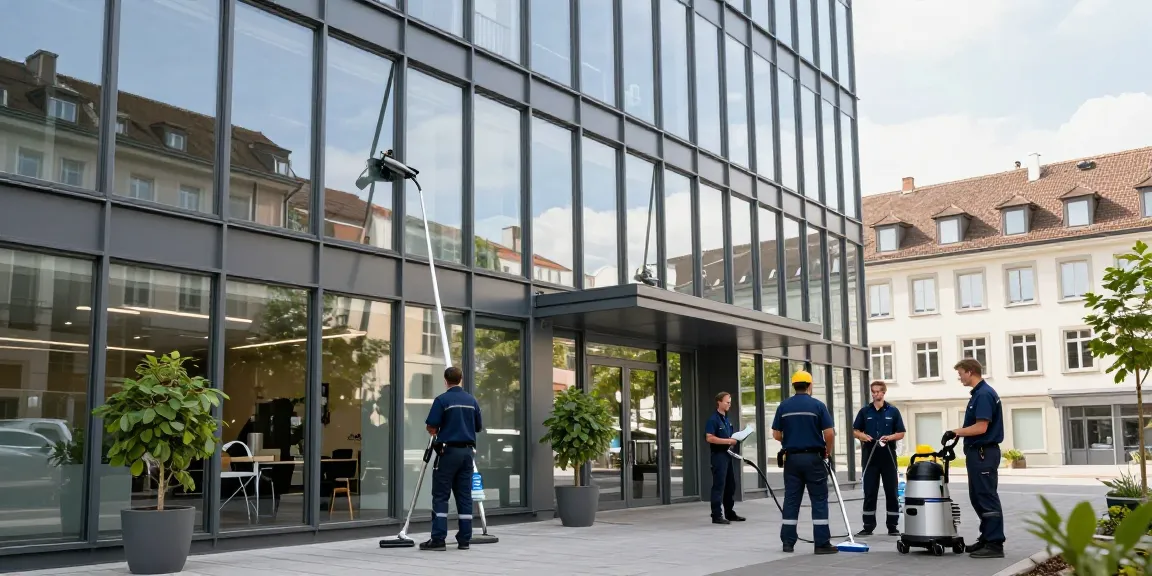 Professionelles Reinigungsteam führt Gebäudereinigung Solothurn an einem Gewerbeobjekt durch und zeigt Effektivität und Teamarbeit.