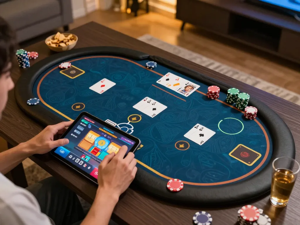 Engaged player enjoying online gaming at trang chủ lc88 with vibrant poker interface and cozy ambiance