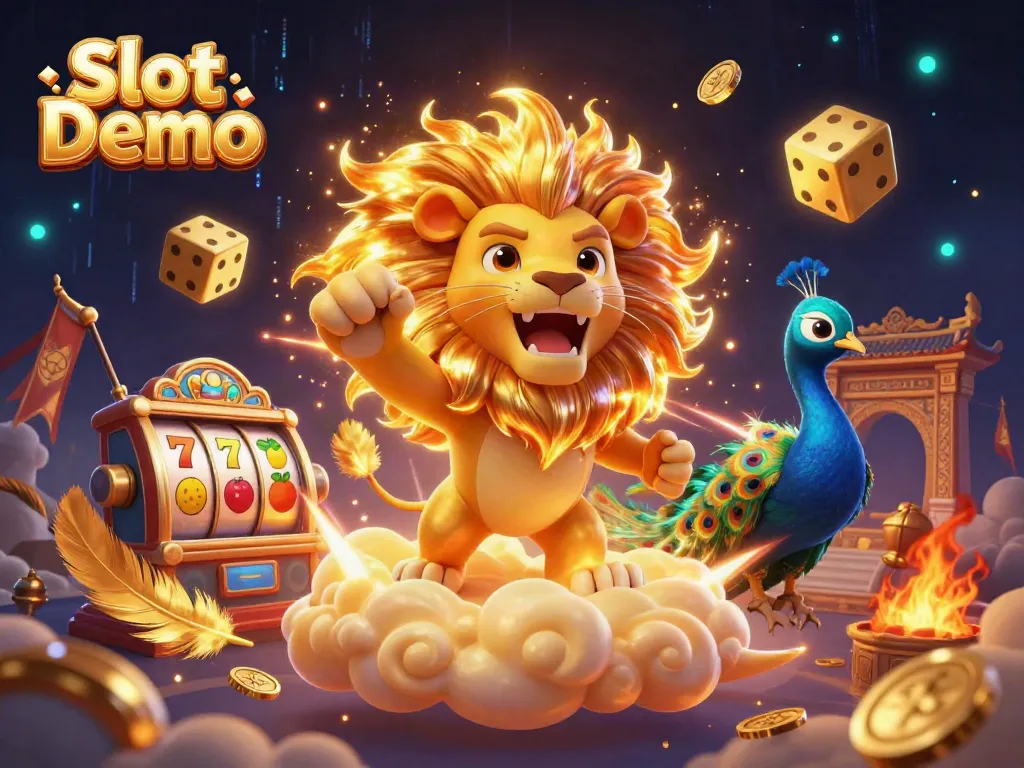 Experience thrilling Slot Demo game action with vibrant 3D illustration of a roaring lion and slot elements.