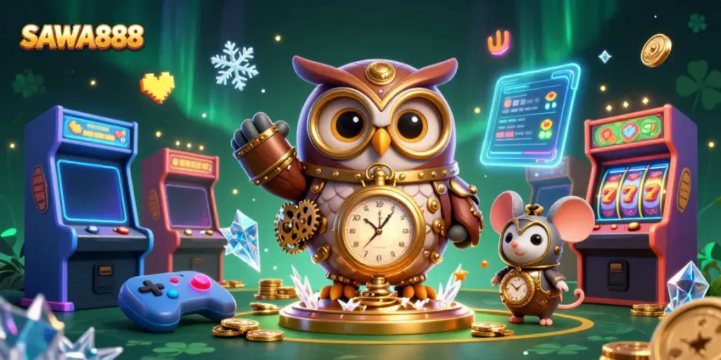 Experience thrilling gameplay with SAWA888 as a time-traveler owl and steampunk elements in an exciting casino.