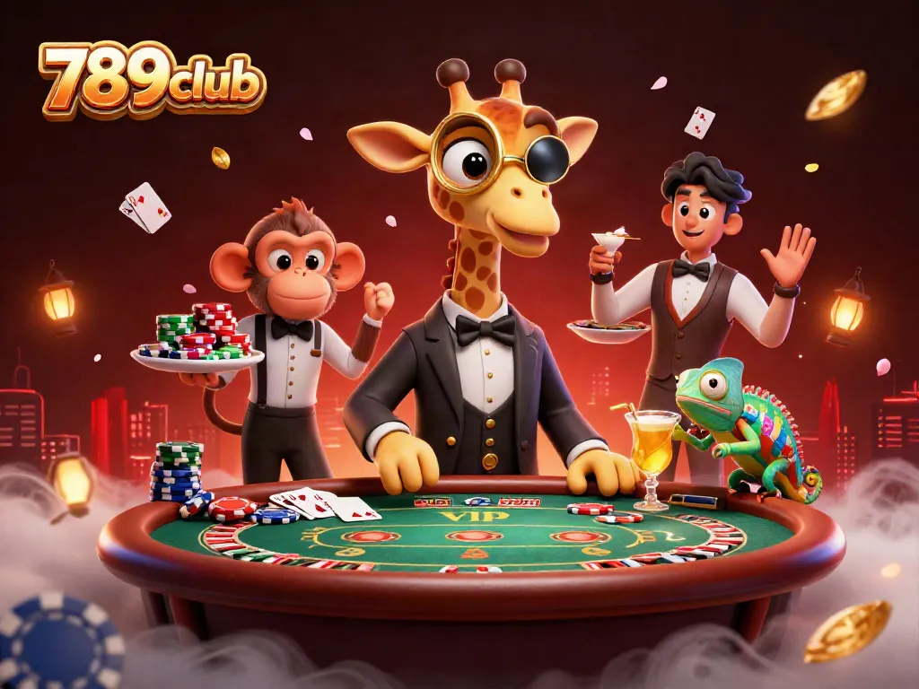 Experience the world of 789club with a high-roller giraffe at a VIP table amidst dynamic casino elements.