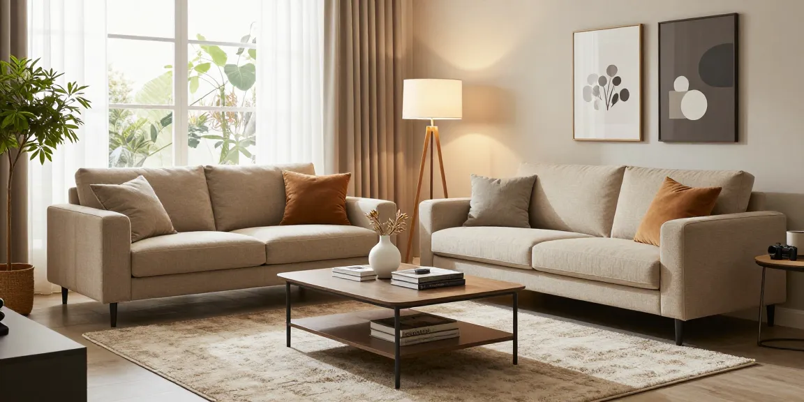 Elegante Wohnzimmer-Einstellung, die stilvolle Möbel für Möbel online kaufen hervorhebt, mit gemütlichen Sofas und natürlichem Licht.