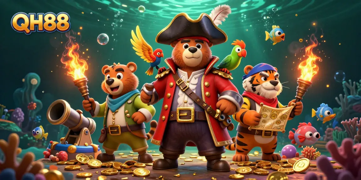 Experience thrilling gameplay at QH88 with the pirate captain and his fierce tiger exploring underwater treasures.
