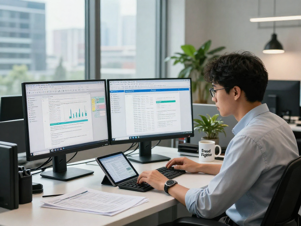 Expert in document fraud detection analyzing suspicious documents on dual monitors in a modern office environment.