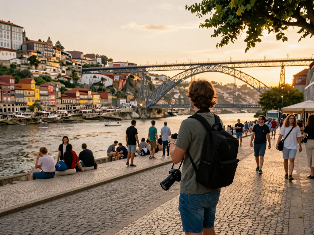 Reisetipps Porto - Reisender genießt den Sonnenuntergang von der Dom Luís I Brücke in Porto und zeigt das pulsierende Stadtleben.
