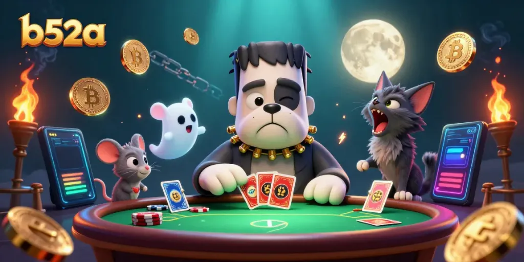 Engage in vibrant gaming at b52a as a cartoon Frankenstein bulldog deals cards amidst crypto coins and floating tokens.