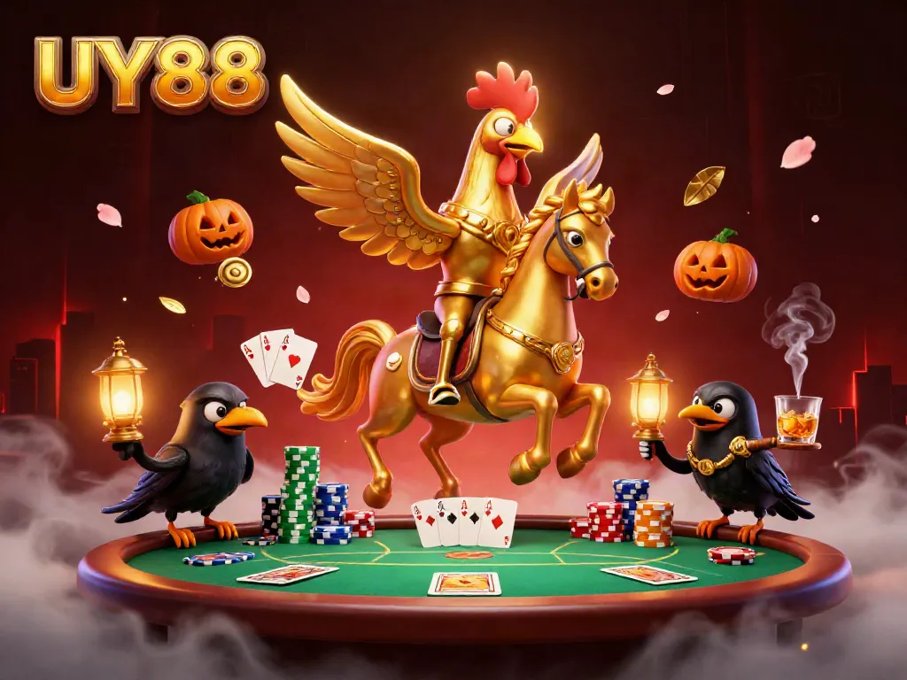 Experience the thrill of UY88 casino with vibrant golden rooster characters in a dynamic 3D illustration.