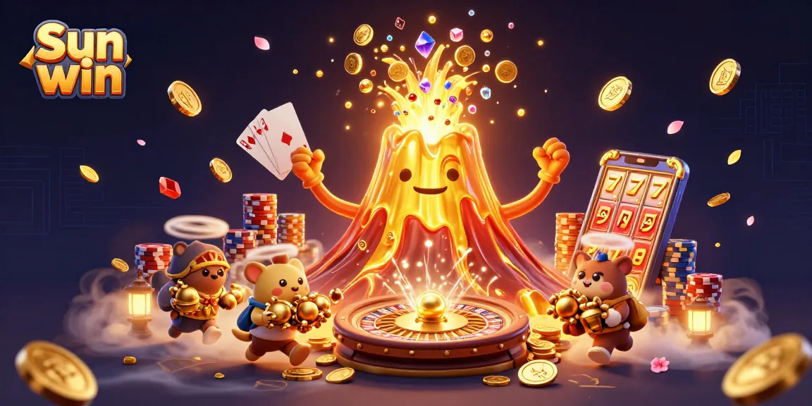 Experience the thrill of Sun win as golden coins erupt from a volcano amidst vibrant casino elements.