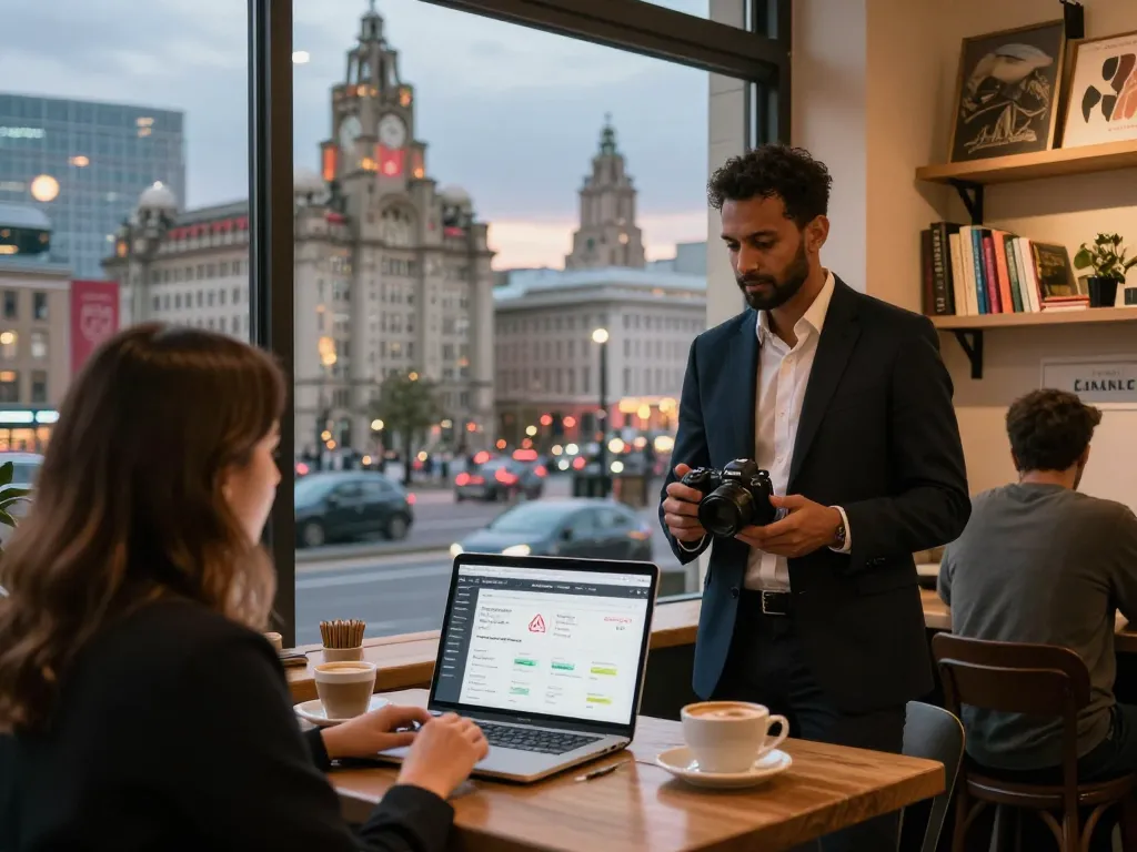 Omar discussing Airbnb management in Liverpool with potential hosts in a cozy café.