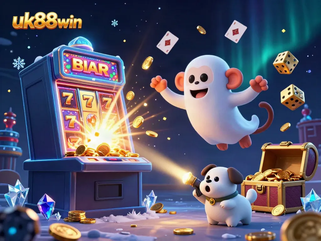 Experience the enchanting fun of uk88win with a ghostly monkey juggling casino treasures in a haunted scene.