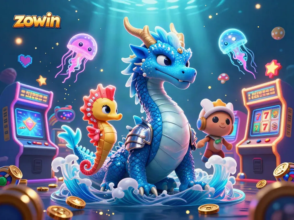 Experience excitement at Zowin's fun casino arcade with vibrant 3D characters and game elements.
