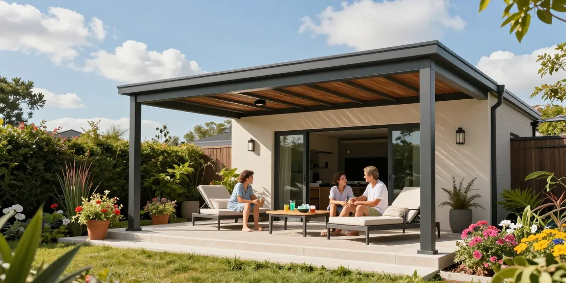 Attraktive freistehende Terrassenüberdachung mit Familie im Garten genießen.