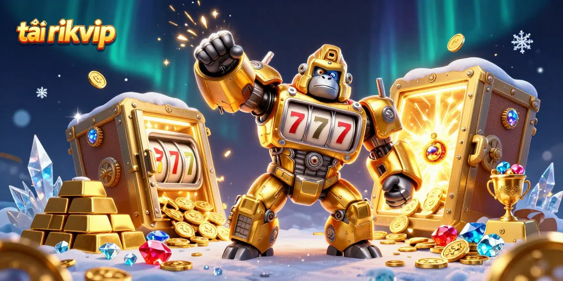 Engage with the thrill of tải rikvip through a vibrant 3D casino scene with a golden gorilla mech.