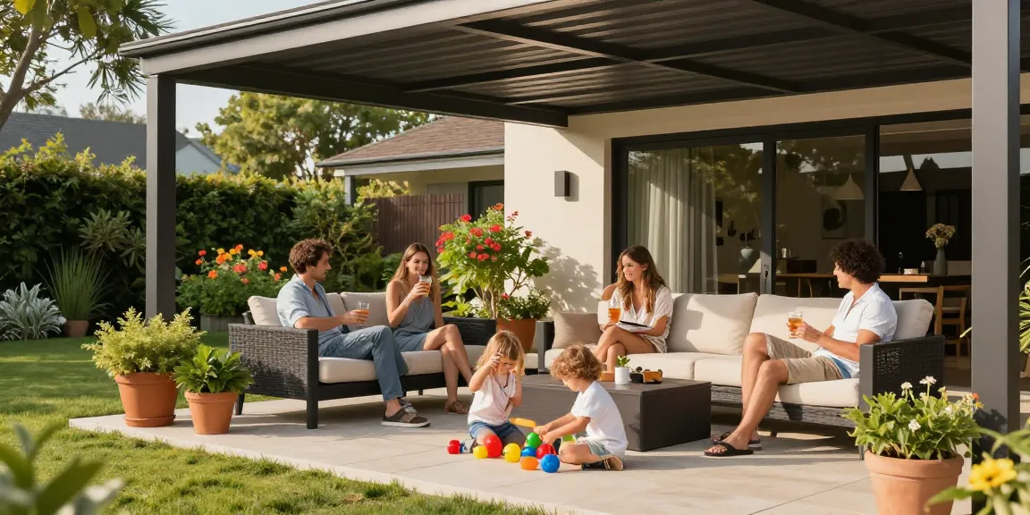 Moderne Terrassenüberdachung bietet Schutz für Familie und entspanntes Zusammensein im Garten.