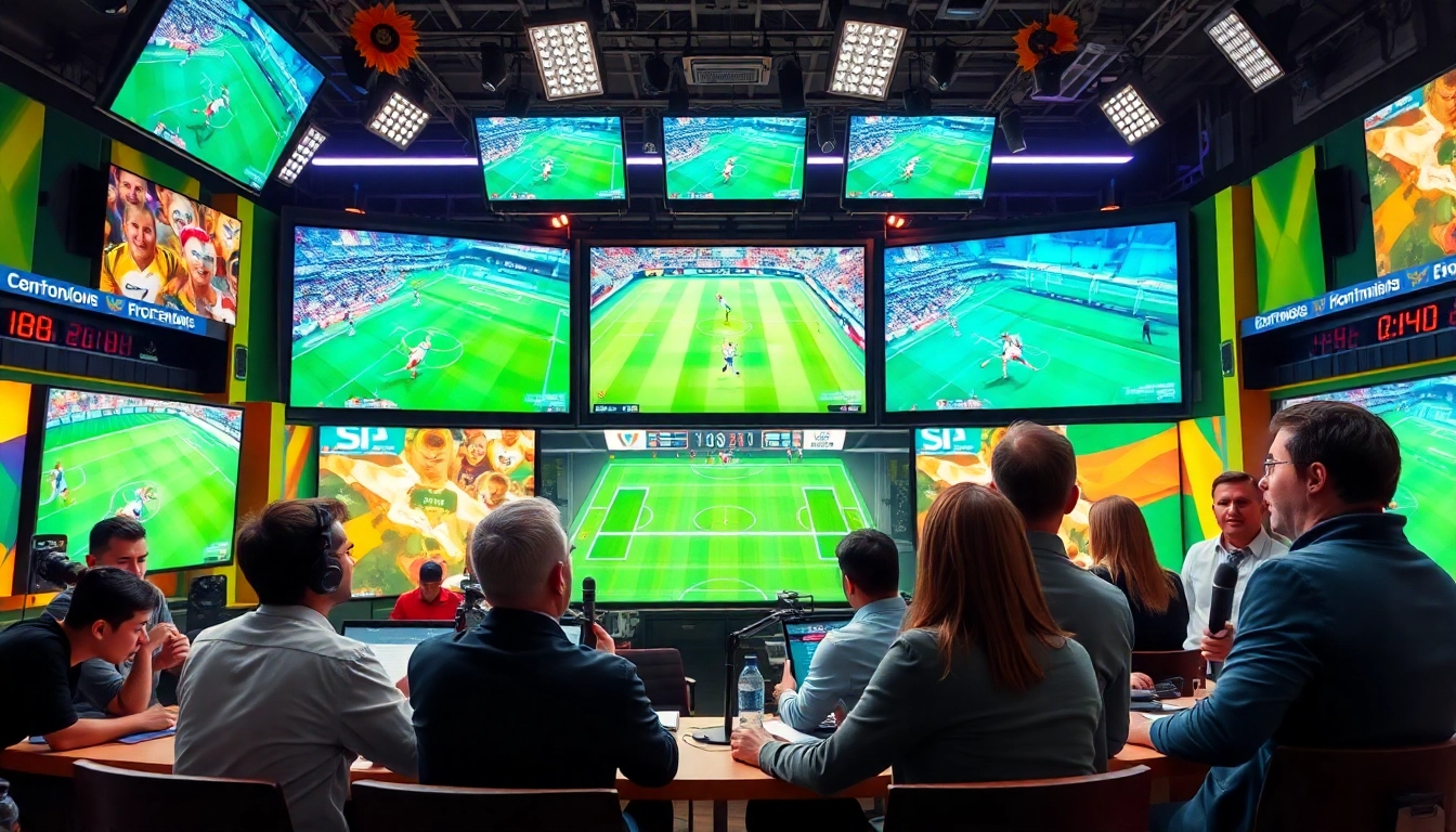Engaging team of commentators in a vibrant sports broadcasting studio discussing live action.