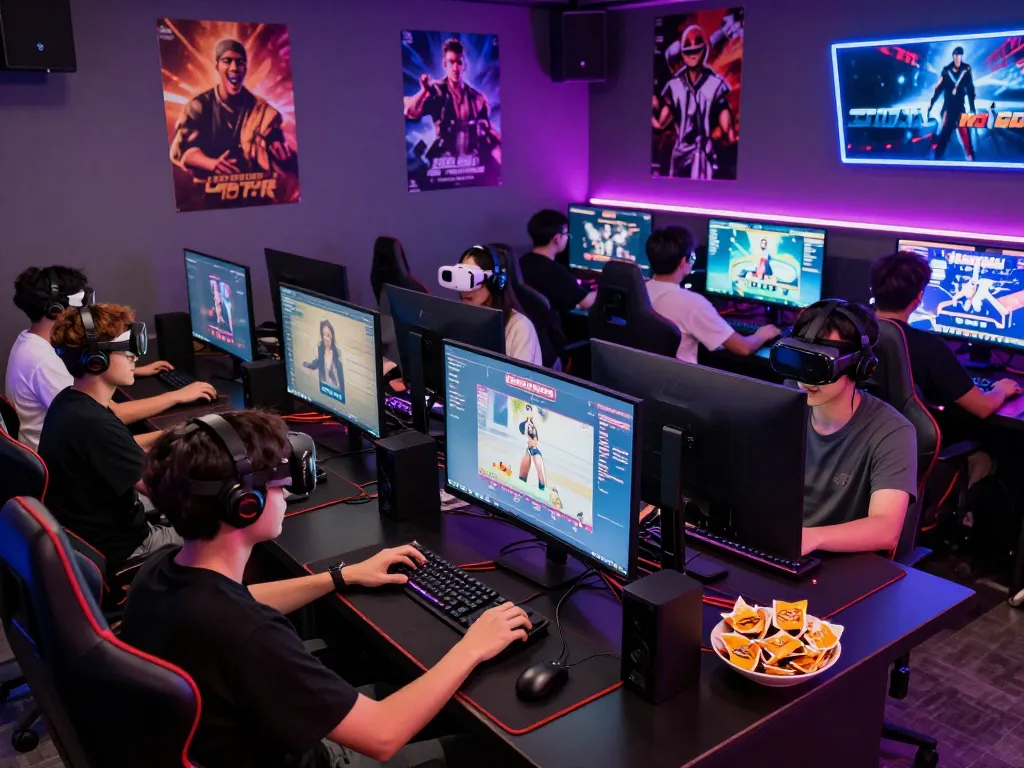 Engaging group playing online porn games in a vibrant gaming lounge
