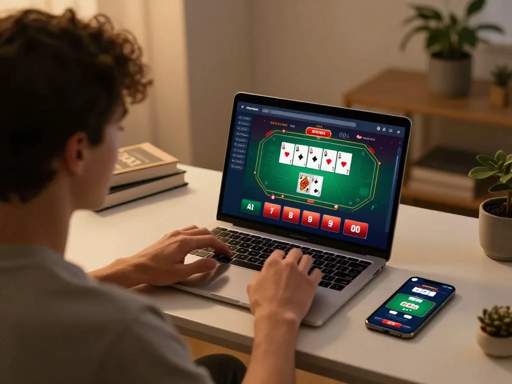 Engaging in online gambling at https://lc88.it.com/ with laptop showing poker game and mobile app