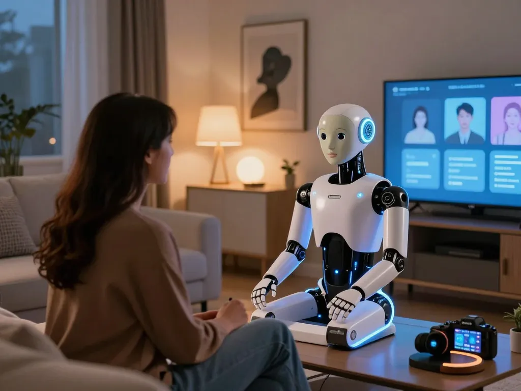 Couple enjoying intimate interaction with a realistic sex bot showcasing AI features in a cozy home setting