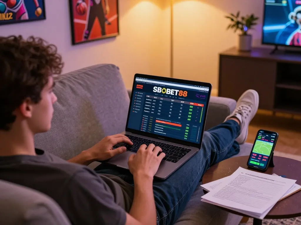 Scene taruhan olahraga online SBOBET88 dengan pengguna yang menganalisis taruhan di laptop dan smartphone.
