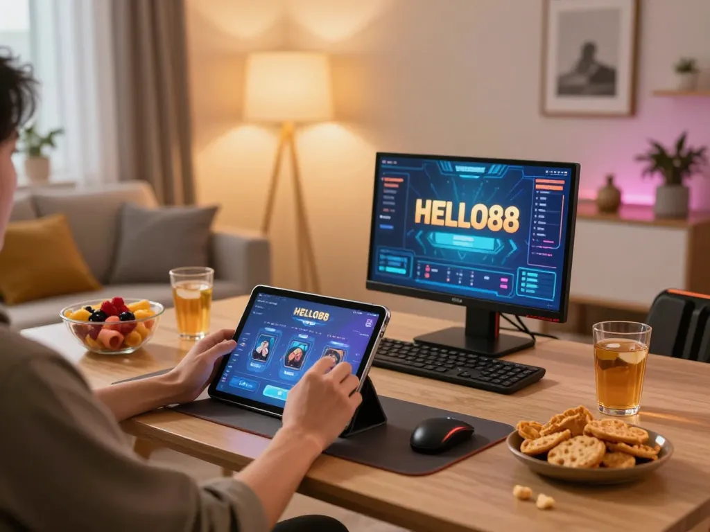 Playing HELLO88 on a tablet in a cozy home setting, showcasing an engaging online gaming experience.