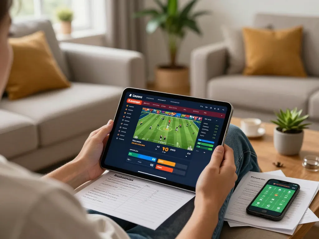 Engaging scene of home sports betting with kèo nhà cái 5 displayed on tablet, emphasizing strategic wagering.