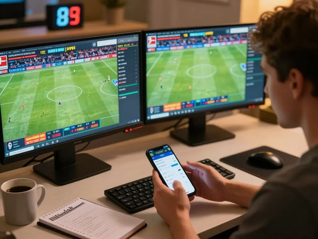 Engage in go8 sports betting excitement with live Bundesliga matches displayed on dual monitors.