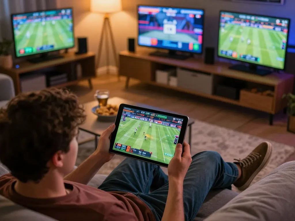 Placing bets on dagago's live sports betting platform from a cozy home setup with tablets and snacks