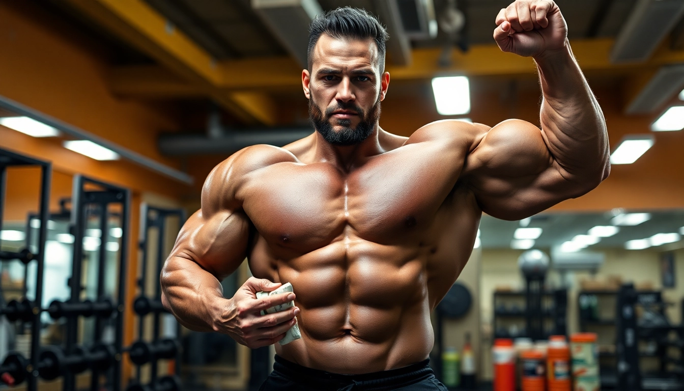 Ein Bodybuilder mit Unique Pharma Steroids im Fitnessstudio beim Training.