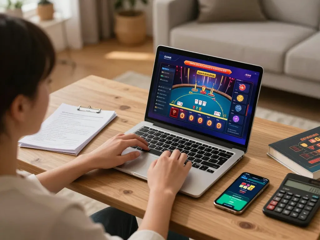 Engaging online gameplay on trang chủ lc88, featuring a player focused on poker strategy with notes and betting app.