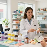 Medi Pharma Shop, der eine einladende Apothekenumgebung zeigt, in der Kunden Gesundheitsprodukte erkunden und fachkundige Beratung erhalten können