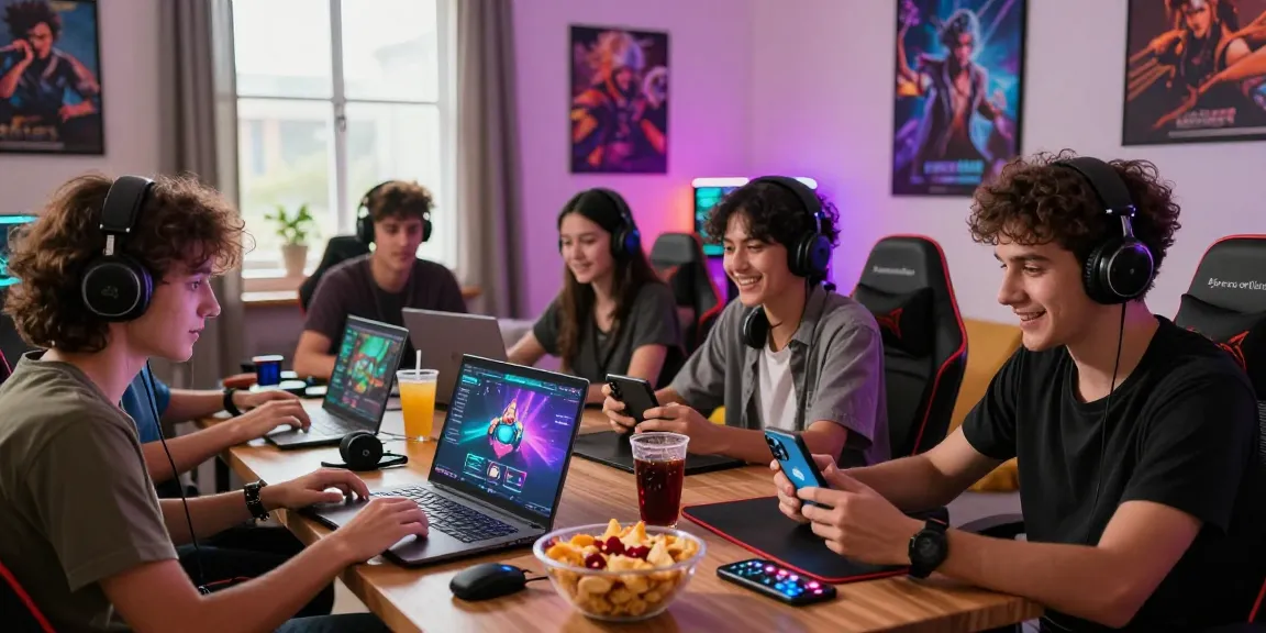 Exciting gaming atmosphere at https://b52club.radio.fm/ with friends enjoying online play and snacks.