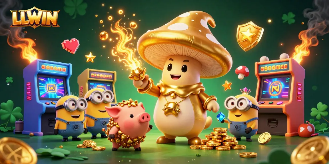 LLWIN showcases a vibrant 3D casino scene where enchanted characters celebrate winning treasures amidst glowing gaming elements.