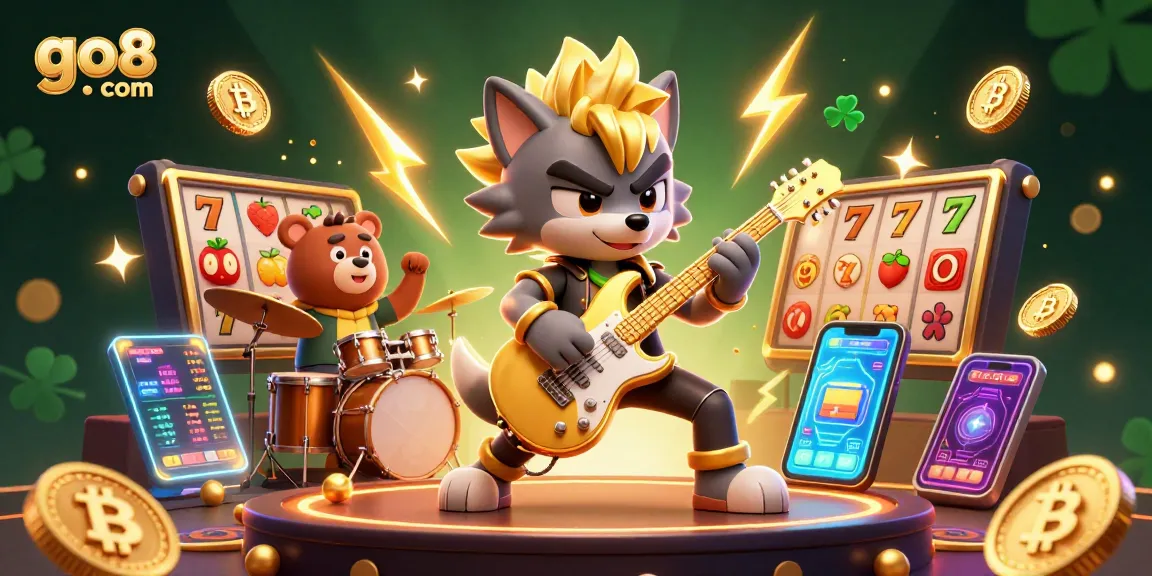 Engage with exciting gaming action at go8 com, featuring a vibrant animated scene with characters, gaming symbols, and crypto elements!
