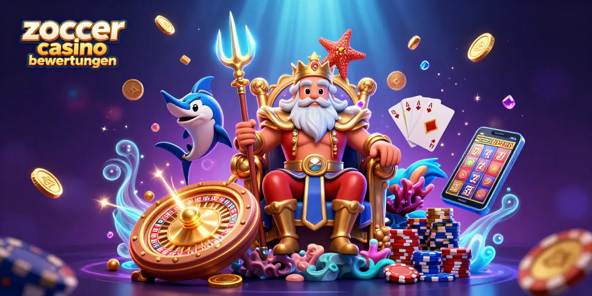 Zoccer casino bewertungen highlighted in a dynamic scene featuring Neptune, coins, and vibrant gaming elements.