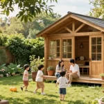 Gartenhäuser aus Holz im Garten mit Familie und Spielzeug unter Sonnenschein.