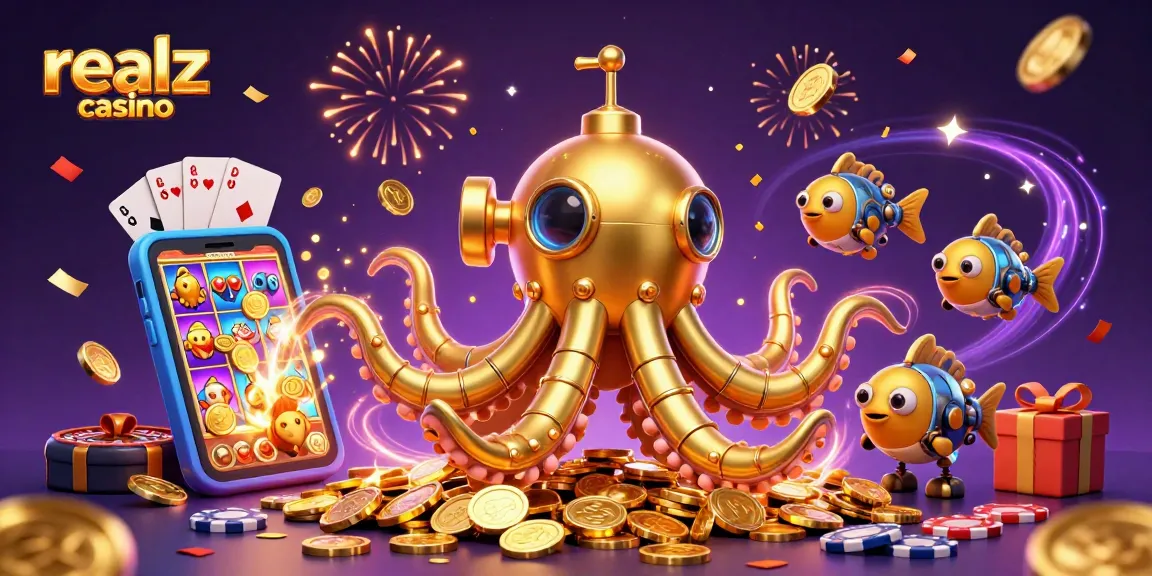 Realz casino illustration featuring a golden kraken submarine, colorful slot game, and rich celebrations.
