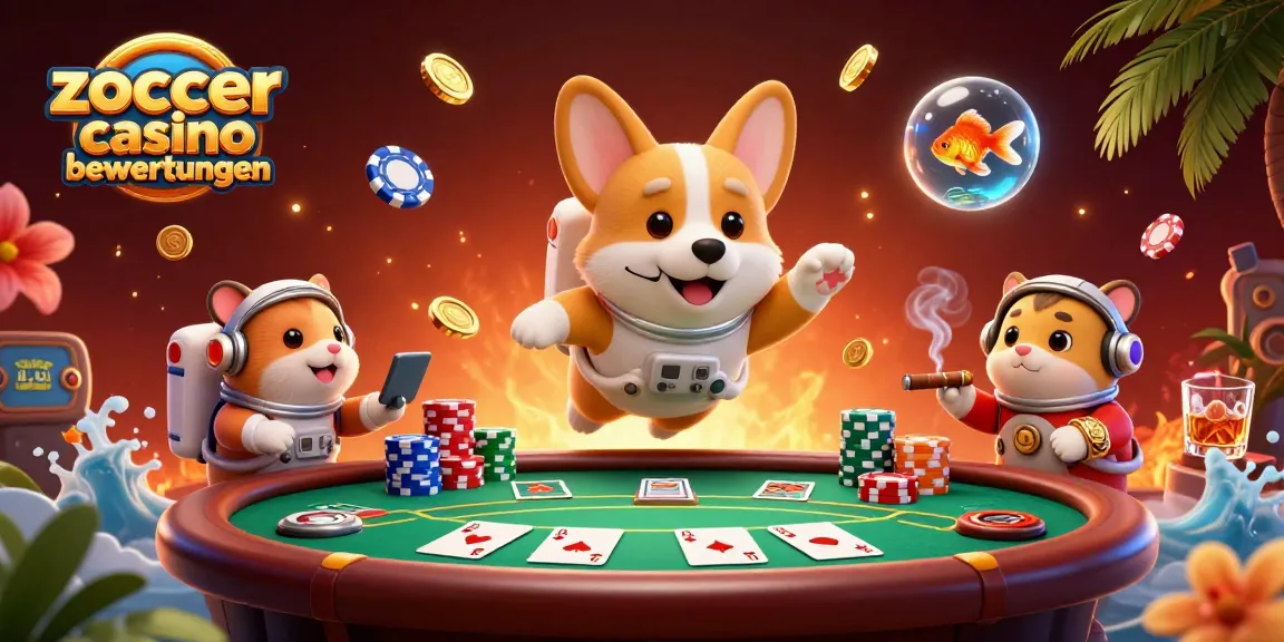 Zoccer Casino Bewertungen zeigen einen 3D-Corgi im Casino mit schwebenden Pokerchips und einem Hamster, der Anweisungen gibt.