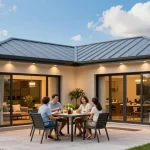 Elegante Terrassenüberdachungen auf einer familienfreundlichen Terrasse mit stilvollem Außenmobiliar.