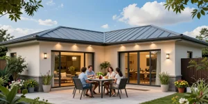 Elegante Terrassenüberdachungen auf einer familienfreundlichen Terrasse mit stilvollem Außenmobiliar.