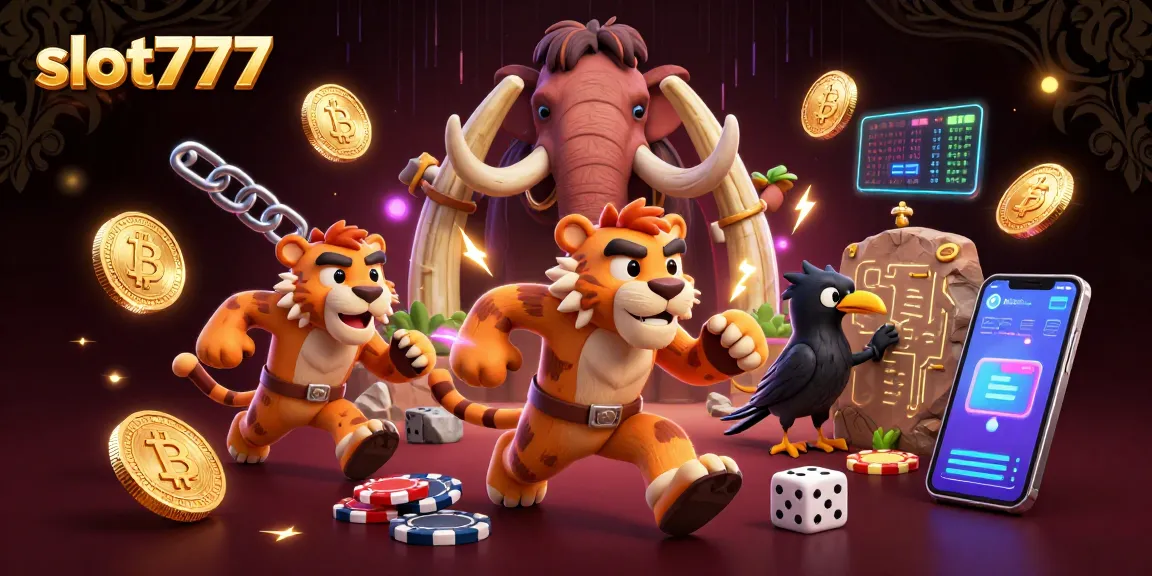 Experience thrilling gameplay with slot777 at a vibrant prehistoric casino filled with neon crypto elements.