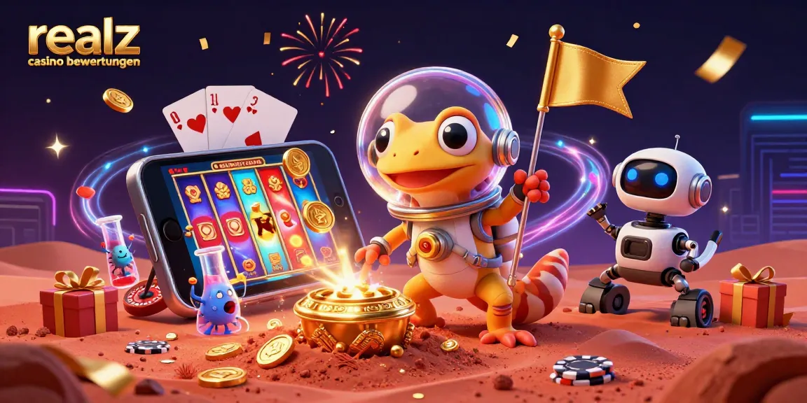 Erleben Sie echte Bewertungen zum Realz Casino mit einer aufregenden Casino-Illustration, die Gewinne feiert.
